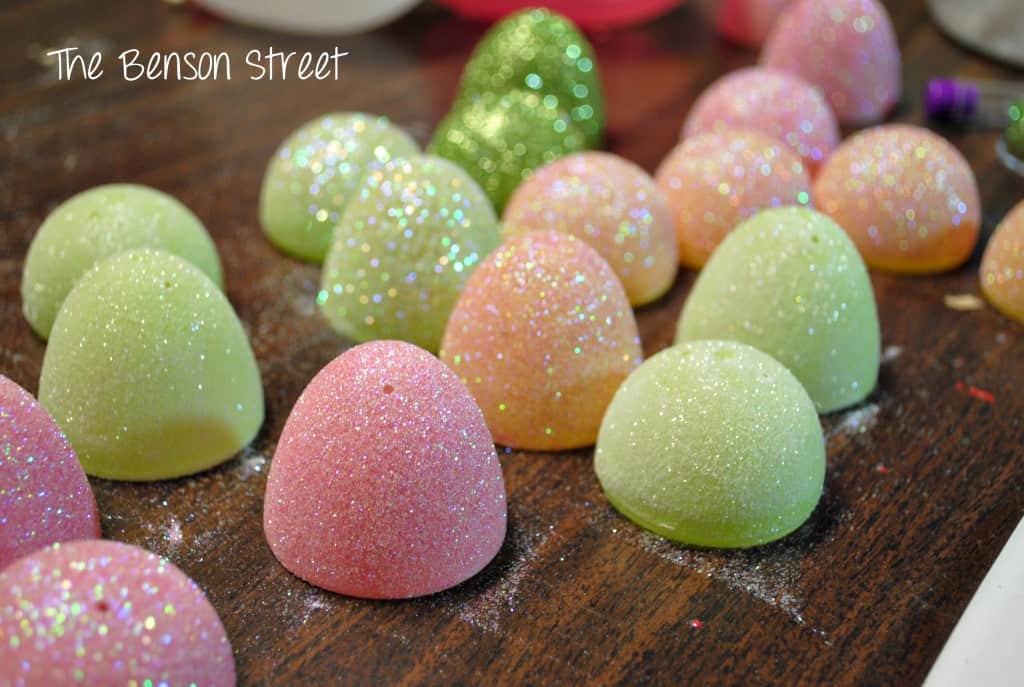 Easter egg halves coated with glitter