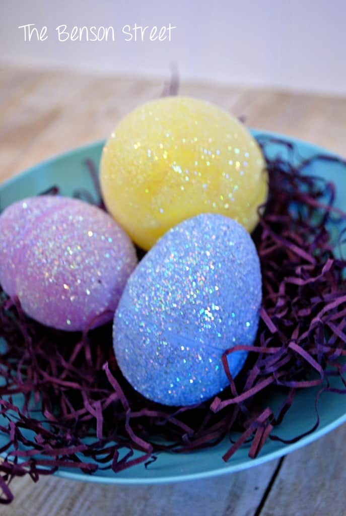 up close shot of a glittered plastic easter egg