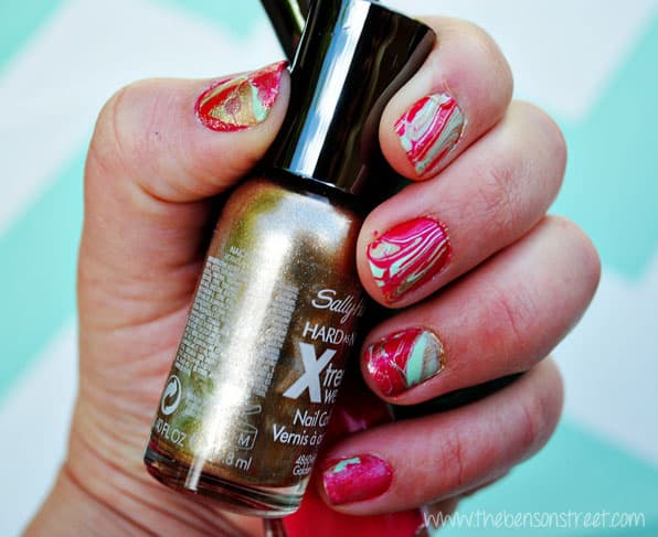 Coral Mint Gold Marbling Nails at www.thebensonstreet.com