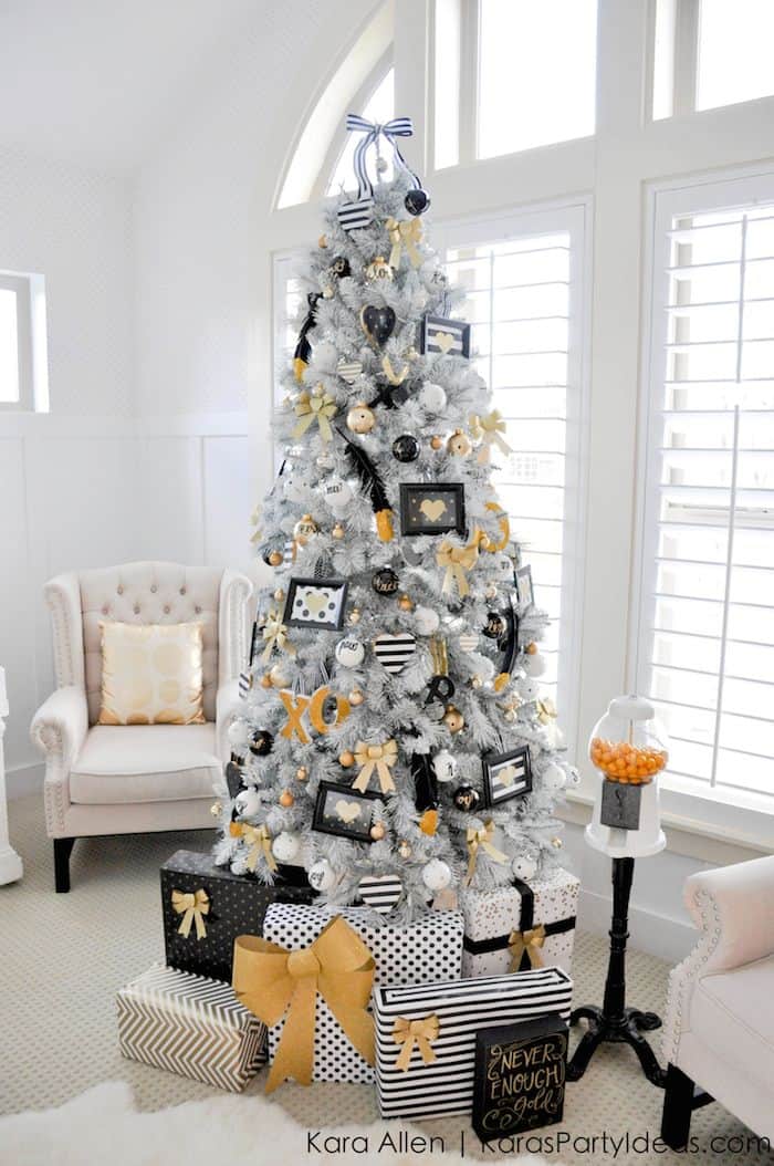 Gold-Black-and-White-striped-polka-dot-Modern-Holiday-Christmas-Tree-by-Kara-Allen-KarasPartyIdeas.com-for-Michaels-Dream-Tree-Challenge-2014-MichaelsMakers-TagATree-DreamTreeChallenge-2