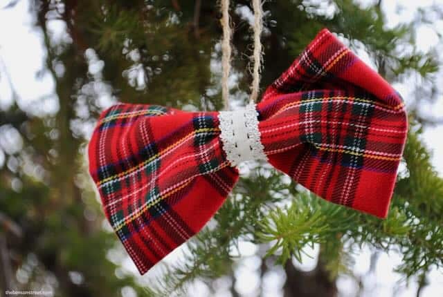 Up Close shot of a red plaid bow ornament DIY