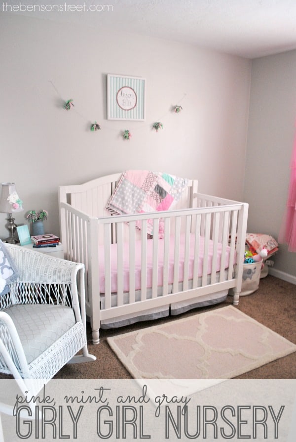 Adorable pink, mint and gray girly girl nursery with pretty vintage touches at thebensonstreet.com