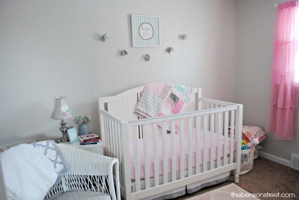 Pink, Mint, and Gray Vintage touches nursery at thebensonstreet.com