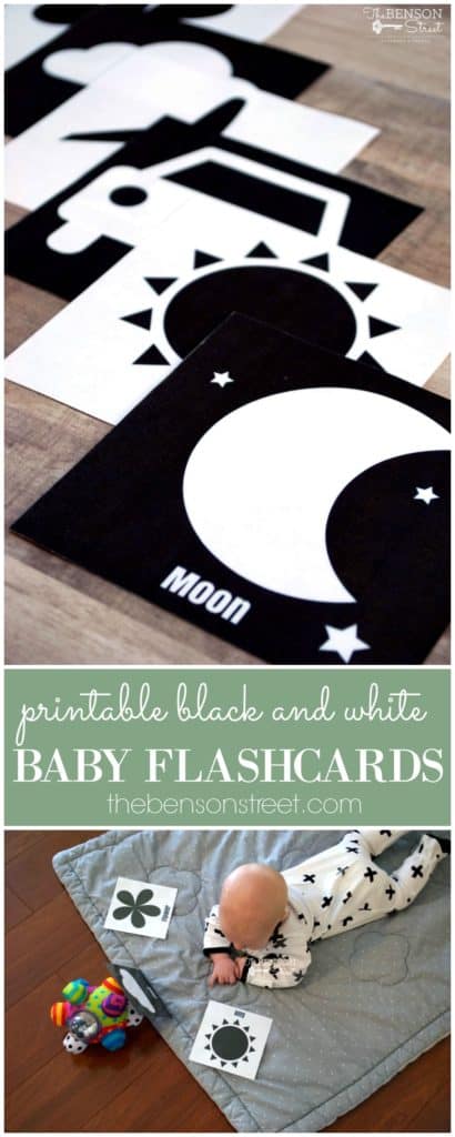 Tummy time and play fun with high contrast black and white baby flashcards to print for free