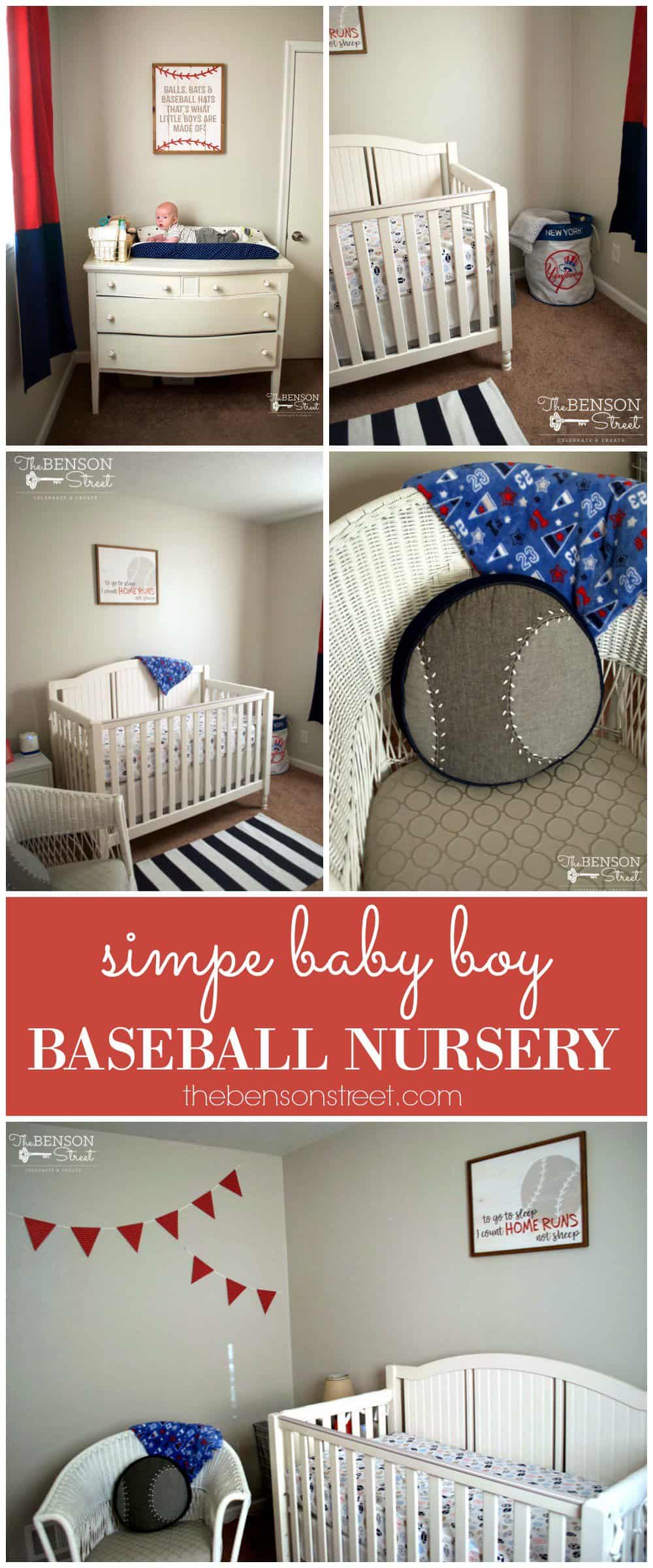 An adorable theme for a baby boy's nursery is baseball or sports themed. Check out this cute and simple baby boy baseball nursery by thebensonstreet.com #baseballnursery #babyboynursery #boynursery #babyroom #sportsnursery #sportynursery #sportybabyboynursery #nurserydecor #babydecor #thebensonstreet