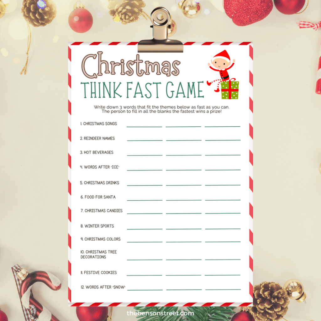 Christmas Think Fast game on a clipboard