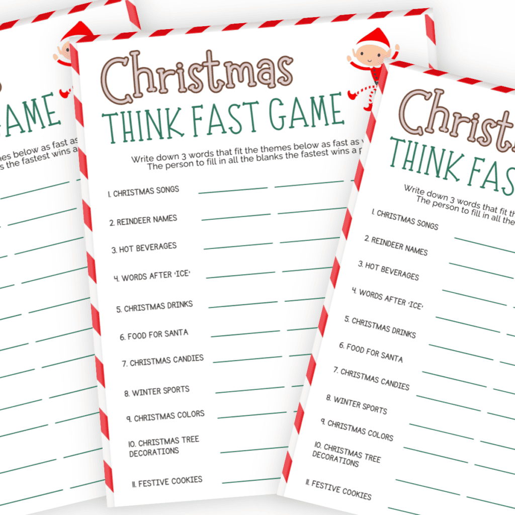 Printable Christmas Think Fast Game is a fun way to enjoy Christmas parties.  Perfect for all ages and can be played a variety of ways for a good time.