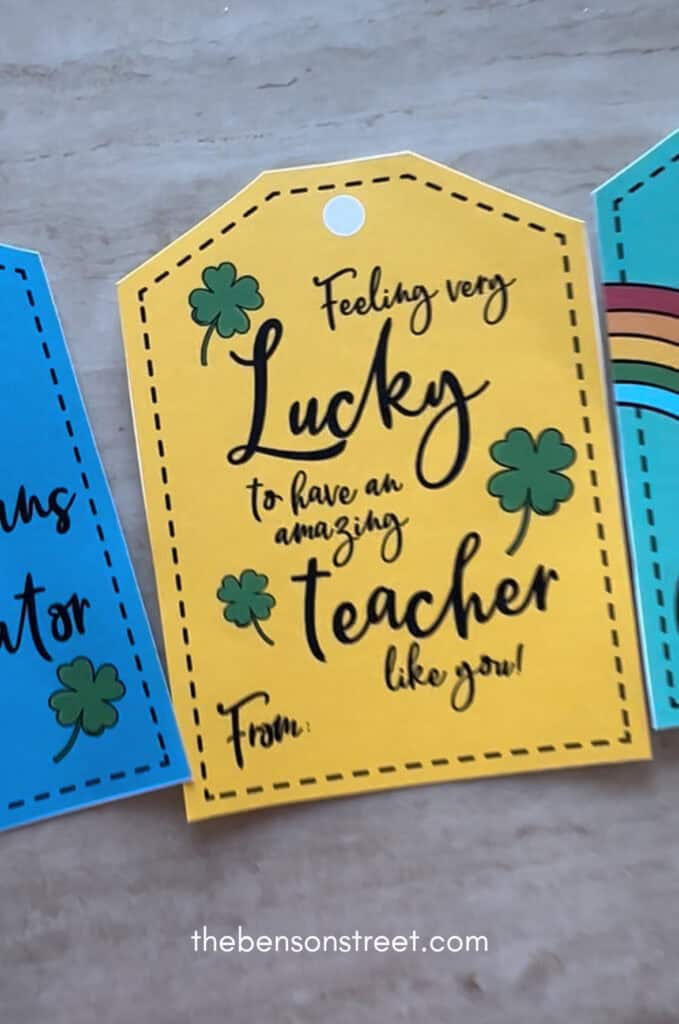 Cut out examples of gift tags for a St. Patrick's Day treat