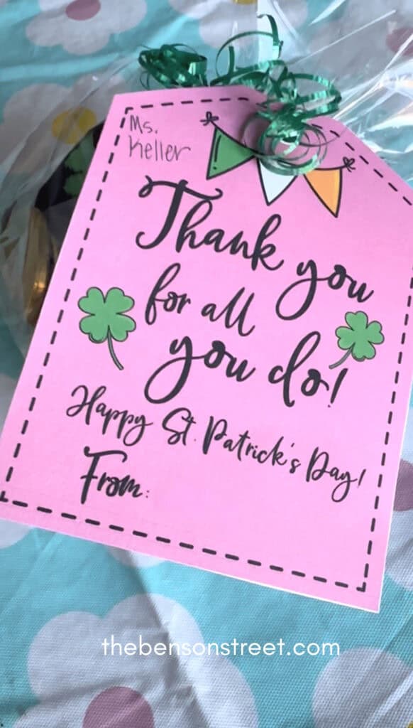 St. Patrick's Day Pink Teacher Gift Tag on a Bag of Chocolate Coins