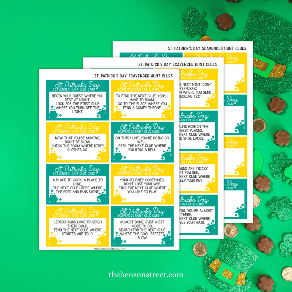 Easy St. Patrick's Day Scavenger hunt clues. Premade free printable scavenger hunt for St. Patrick's Day