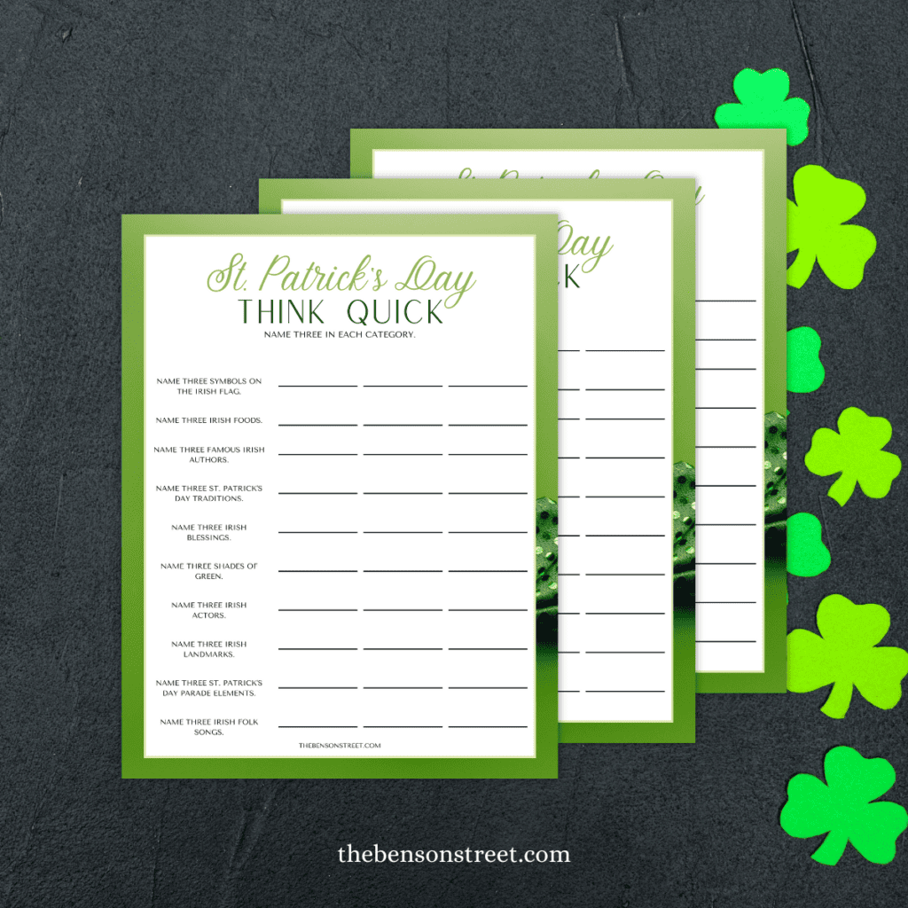Easy game! Quick printable game for St. Patrick's Day. Name three in each category St. Patrick's Day Think Quick