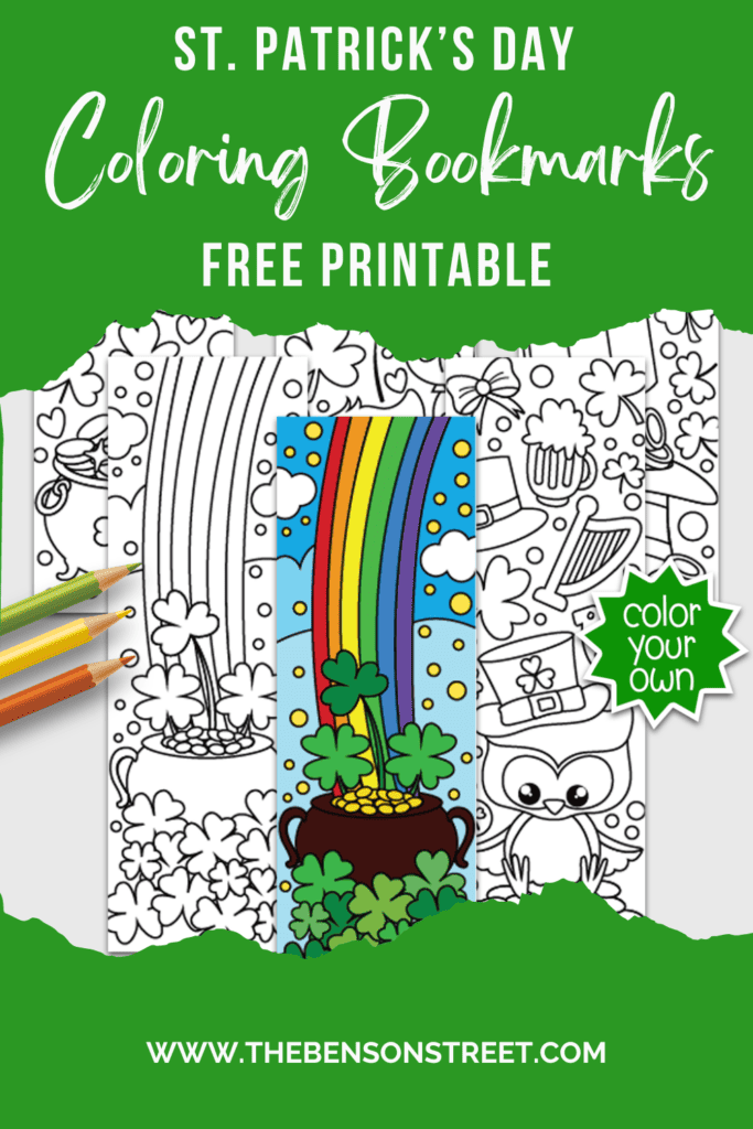 Five different designs of st. patrick's day coloring bookmarks free printable