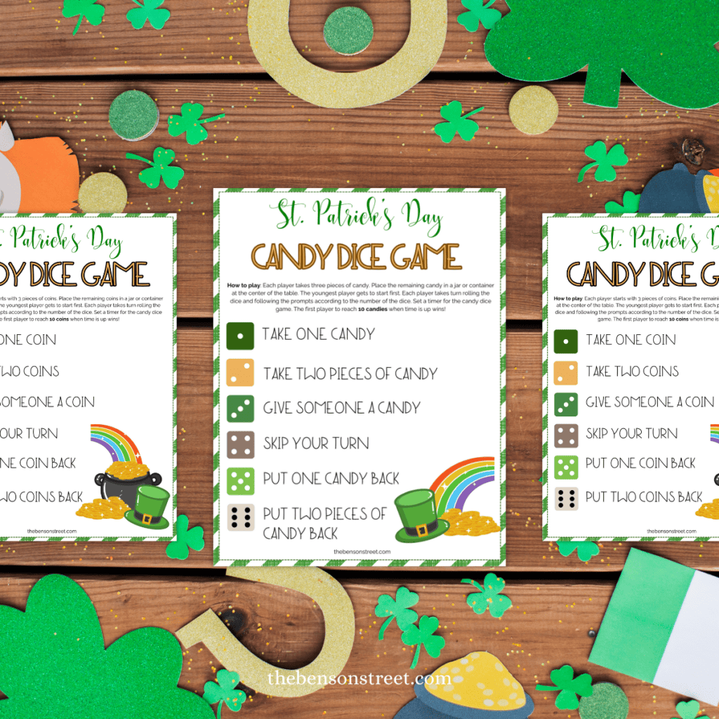 Free printable Simple and fun Candy Dice Game for St. Patrick's Day