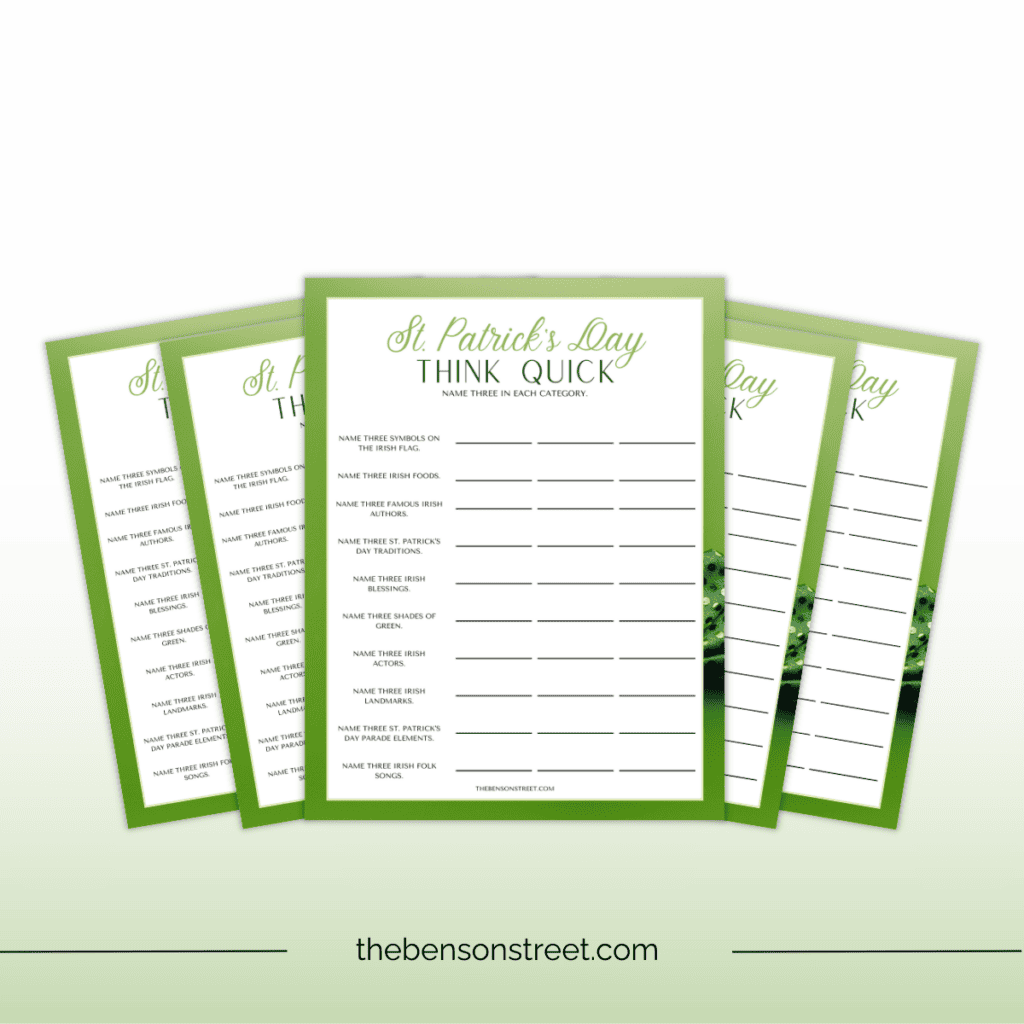 Fun Idea and Quick game for parties! Quick printable game for St. Patrick's Day. Name three in each category St. Patrick's Day Think Quick