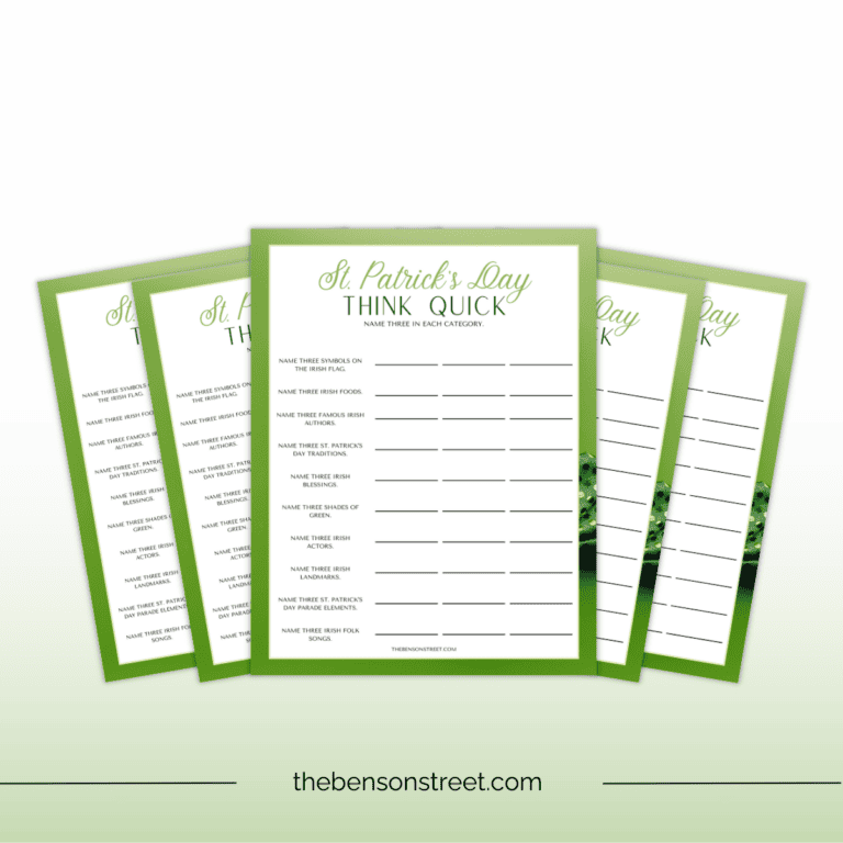 Fun Idea and Quick game for parties! Quick printable game for St. Patrick's Day. Name three in each category St. Patrick's Day Think Quick