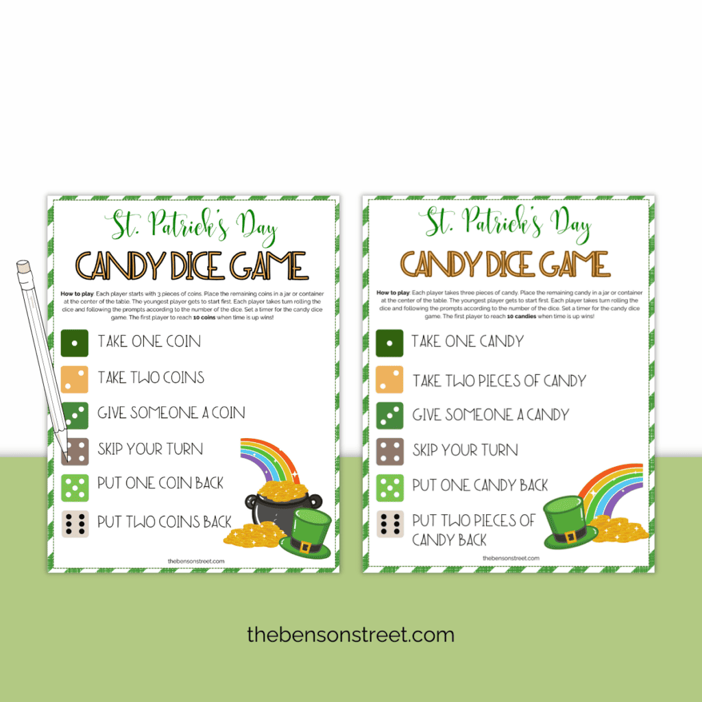 Grab this Free printable Simple and fun Candy Dice Game for St. Patrick's Day