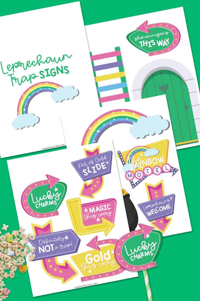 Flat lay with printable leprechaun trap signs for making your own leprechaun trap