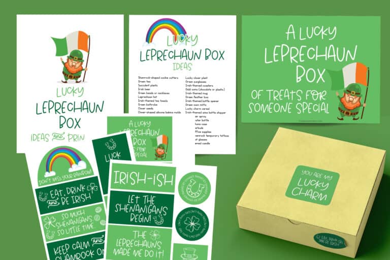 Lucky Leprechaun Box Printables Flat Lay of pages and a box.
