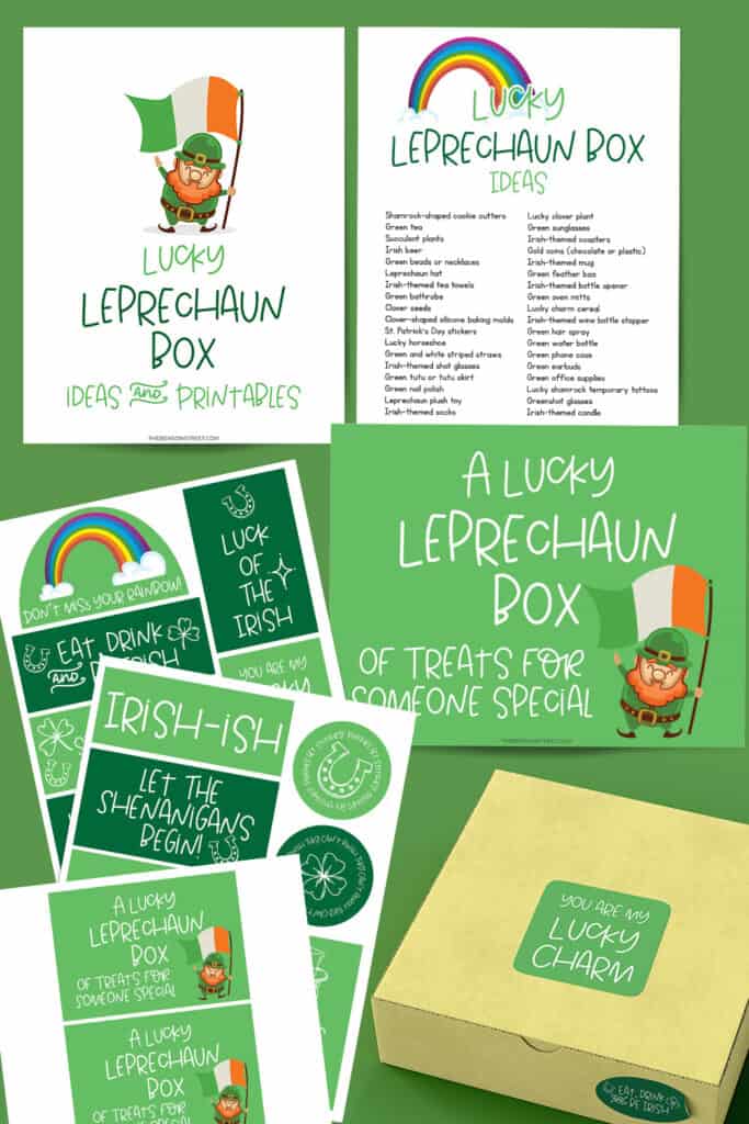 Flat lay of printable tags and ideas included with this st. patrick's day treat box set