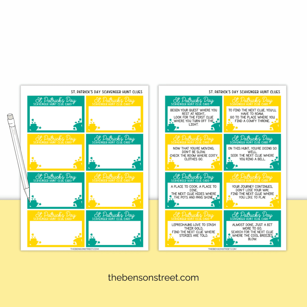 Make your own or use our St. Patrick's Day Scavenger hunt clues. Premade free printable scavenger hunt for St. Patrick's Day