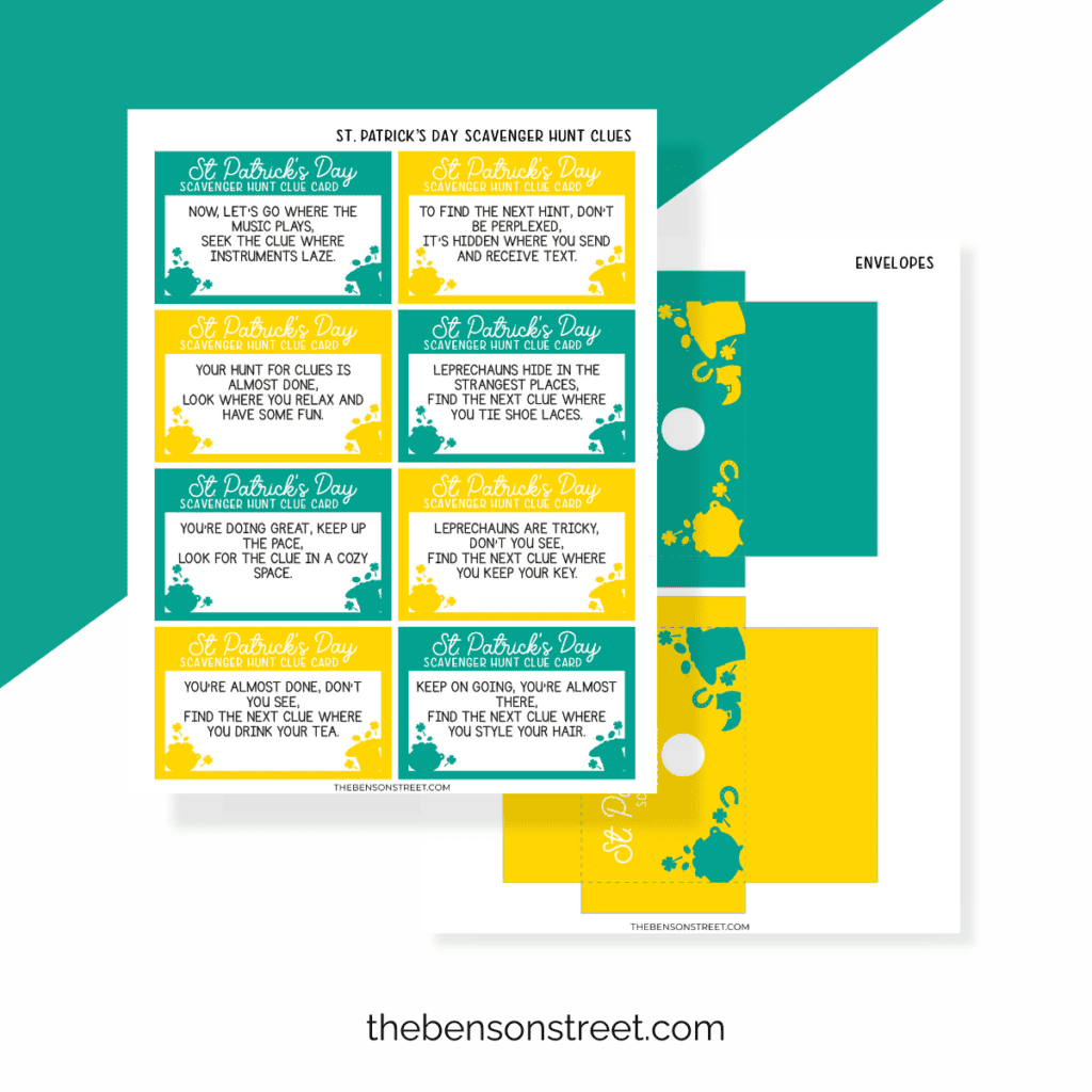 Premade free printable scavenger hunt for St. Patrick's Day