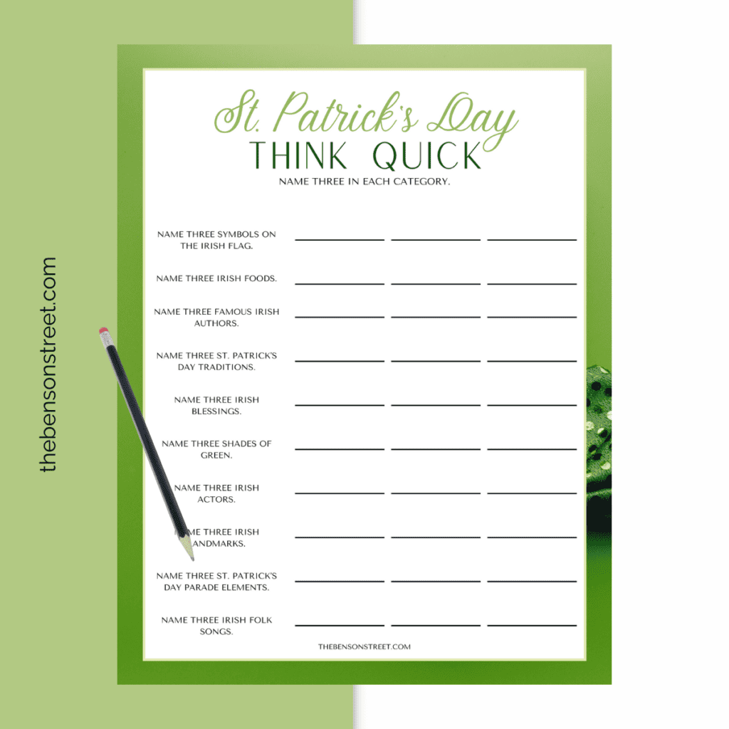 Quick Classroom Fun Idea and Quick game for parties! Quick printable game for St. Patrick's Day. Name three in each category St. Patrick's Day Think Quick
