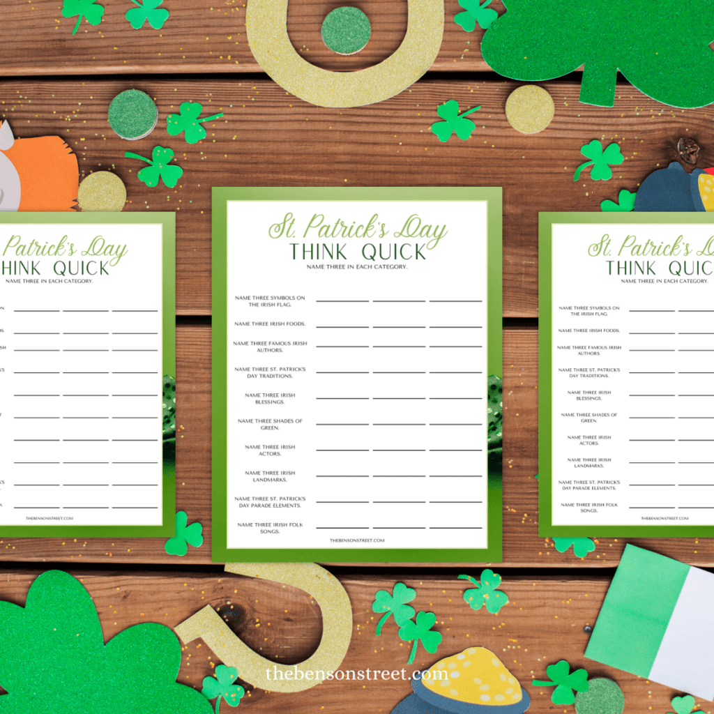 Quick Easy game for parties! Quick printable game for St. Patrick's Day. Name three in each category St. Patrick's Day Think Quick