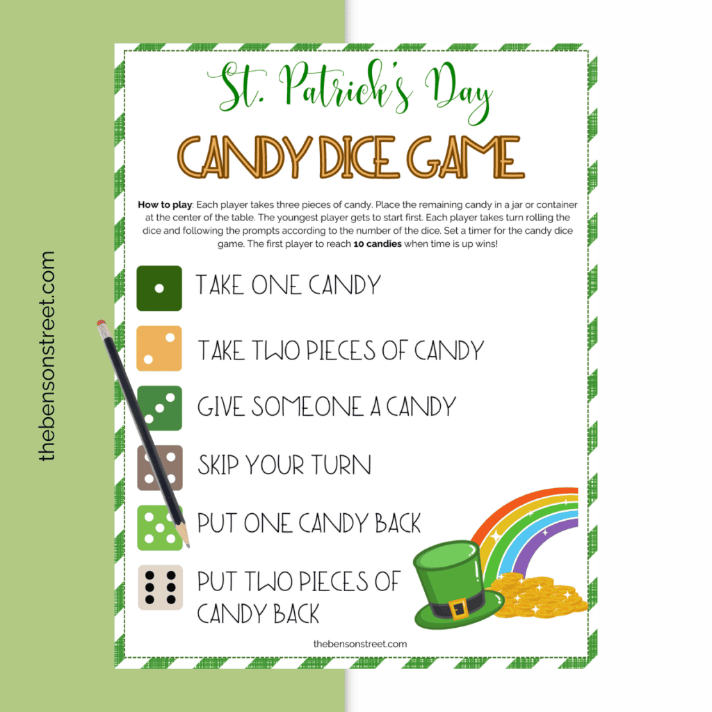 Quick and easy game for March 17th St. Patrick's Day Candy Dice Game