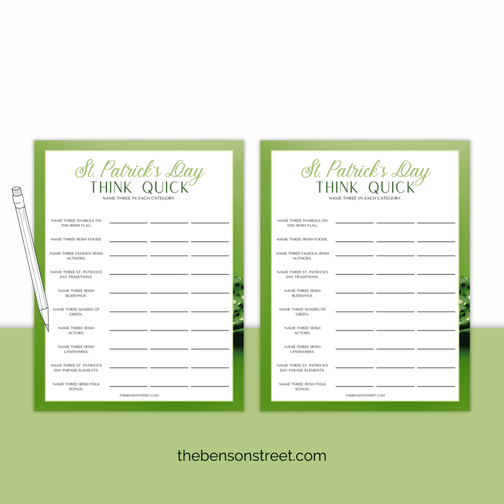 Quick game for parties! Quick printable game for St. Patrick's Day. Name three in each category St. Patrick's Day Think Quick