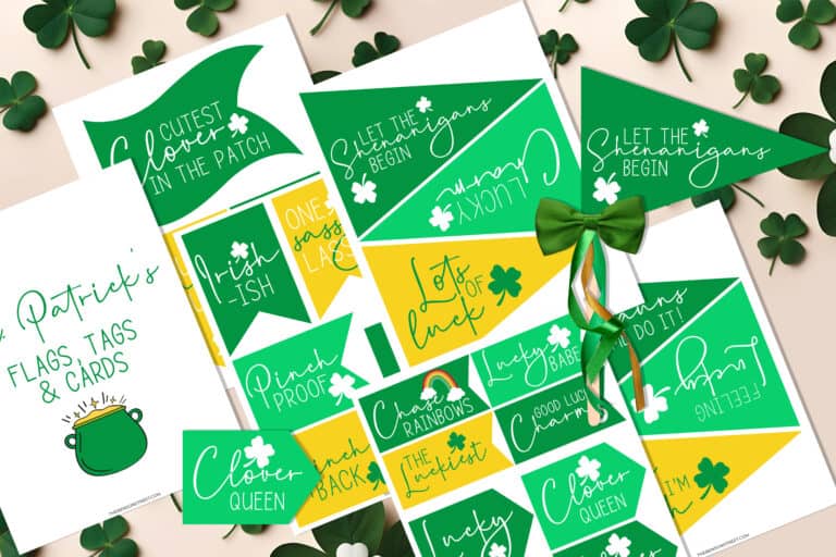Flat lay of pages of printable tags, flags, and cards for St. Patrick's Day