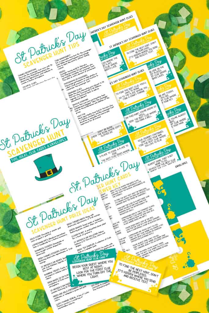 Flat lay of printed out sheets for a St. Patrick's Day Scavenger Hunt with a yellow background.