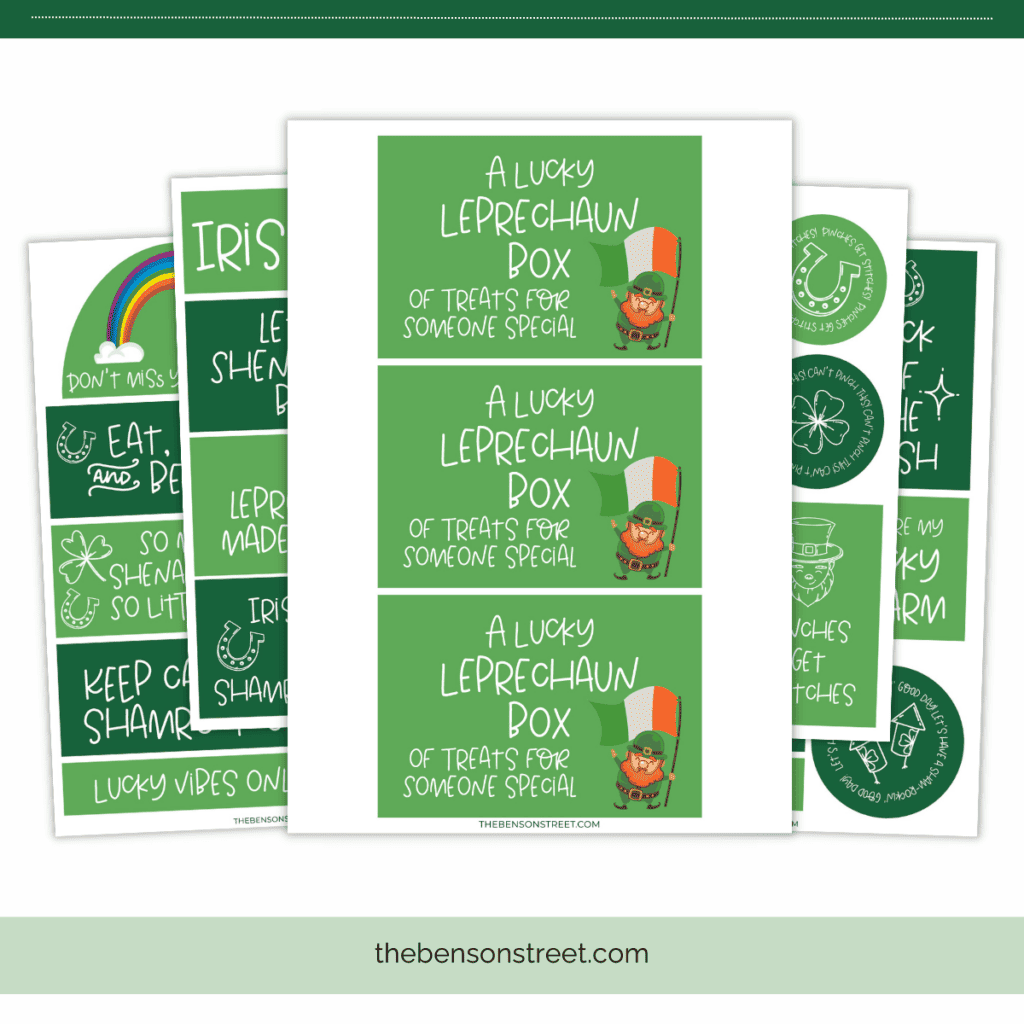The cutest st. Patrick's day printable tags for a lucky leprechaun box of treats for someone special with ideas and box template