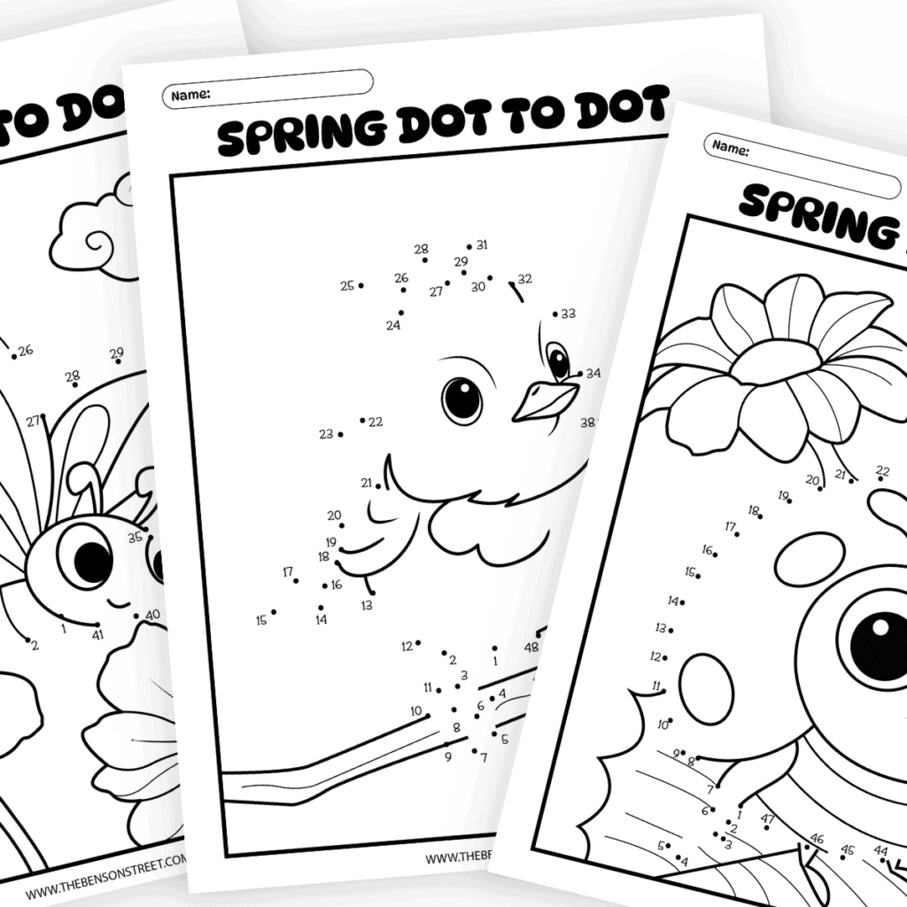 Three different spring coloring pages with connect the dots.