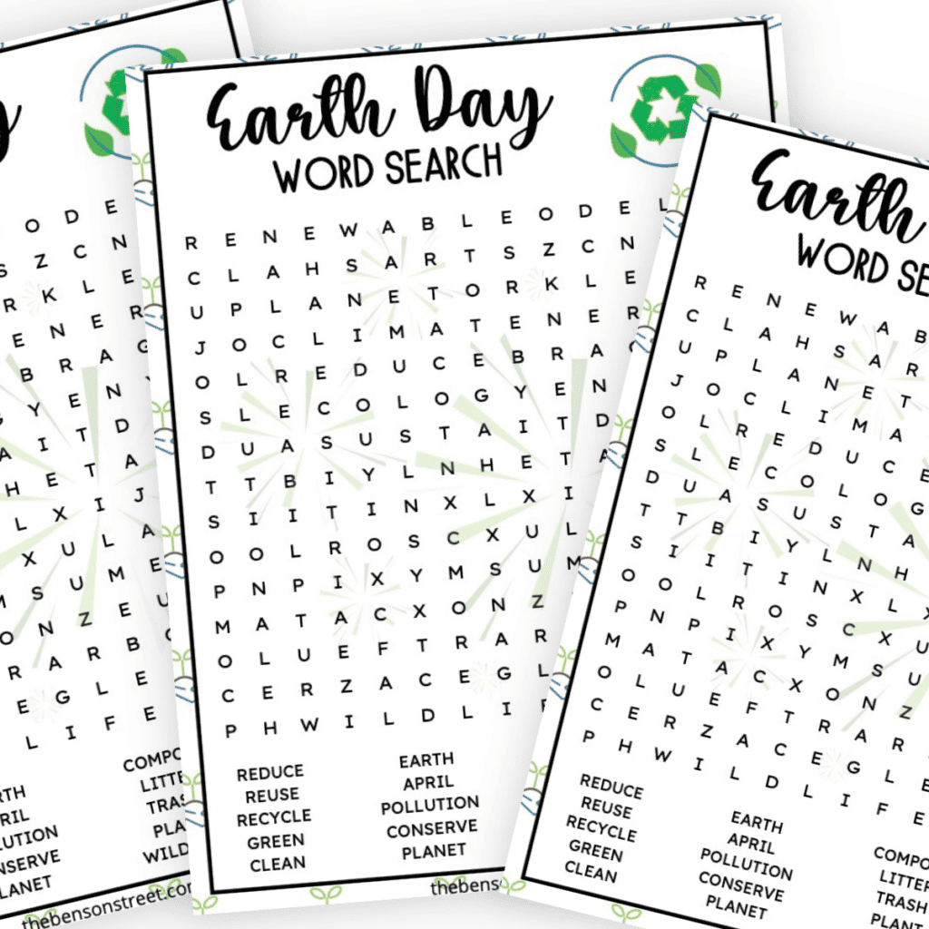 Three Earth day word searches stacked on top of each other in a fan shape.
