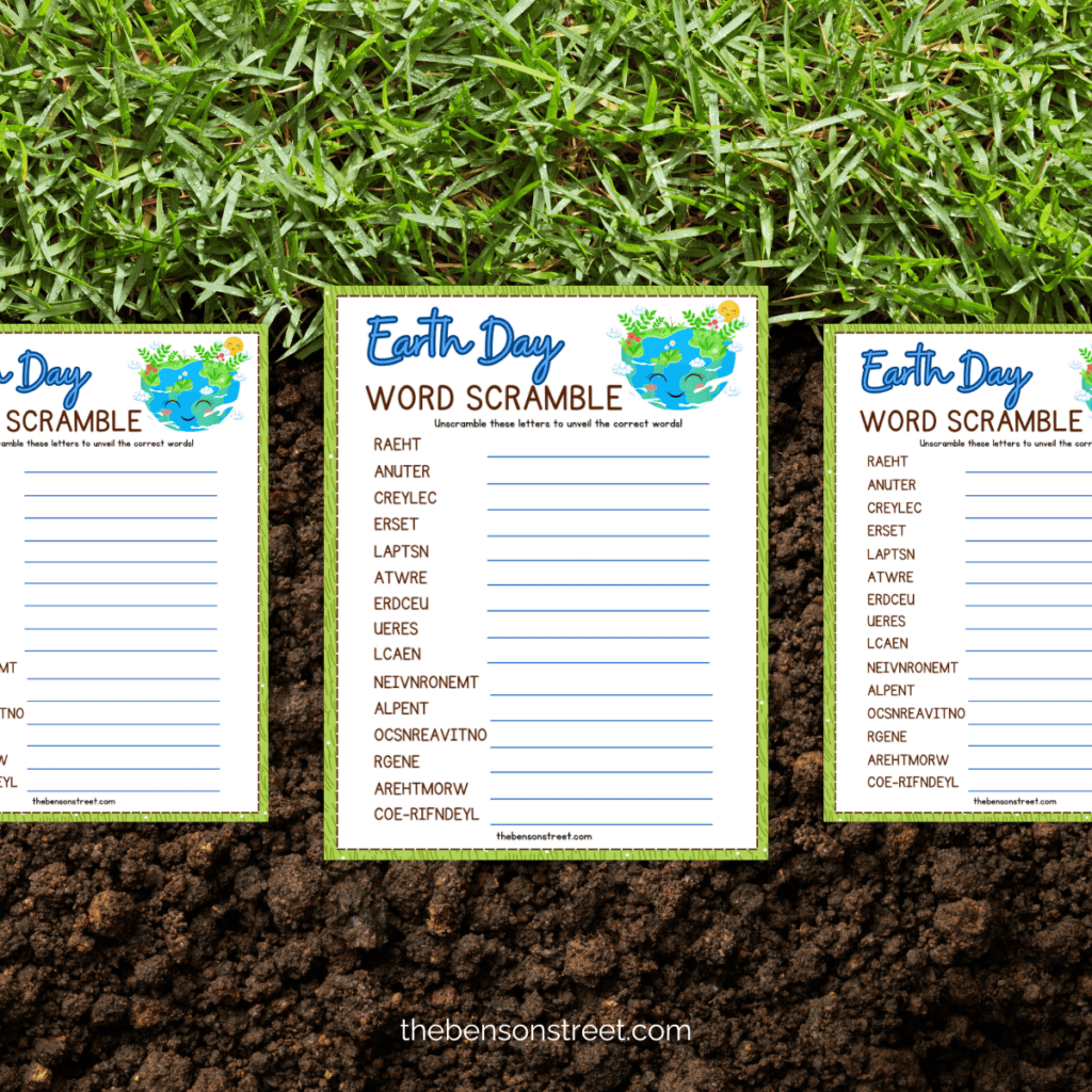 A printable Earth Day word scramble featuring scrambled letters and environmental-themed words.