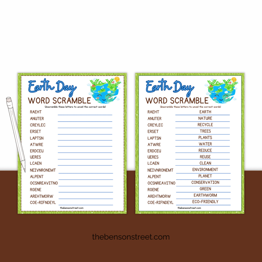 a pencilsitting on a word scramble puzzle plus answers on an Earth Day word scramble worksheet.
