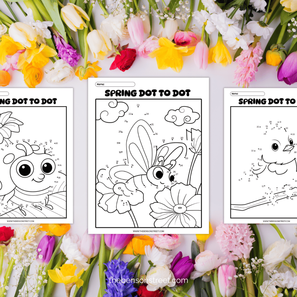 A whimsical dot-to-dot coloring page featuring a fluttering butterfly amidst blooming tulips.
