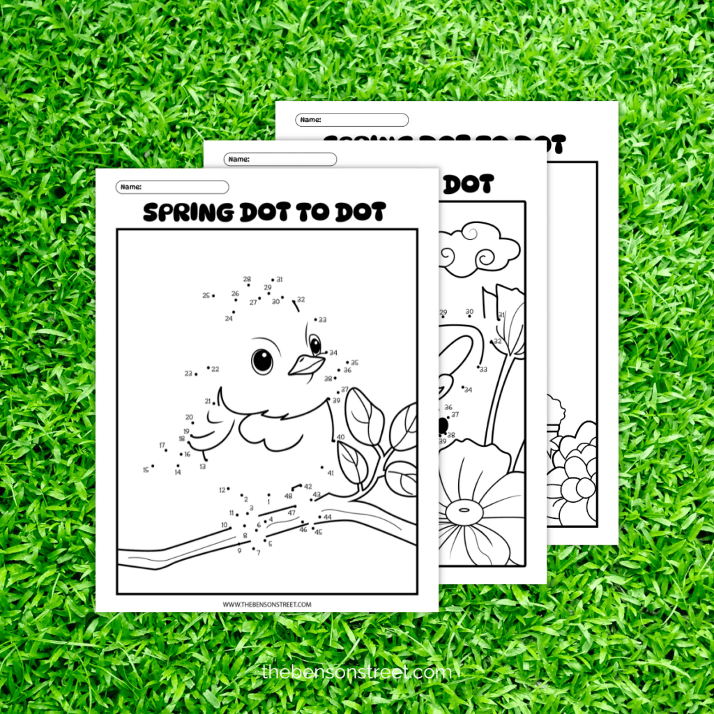 A charming dot-to-dot activity sheet depicting a playful puppy amidst spring flowers