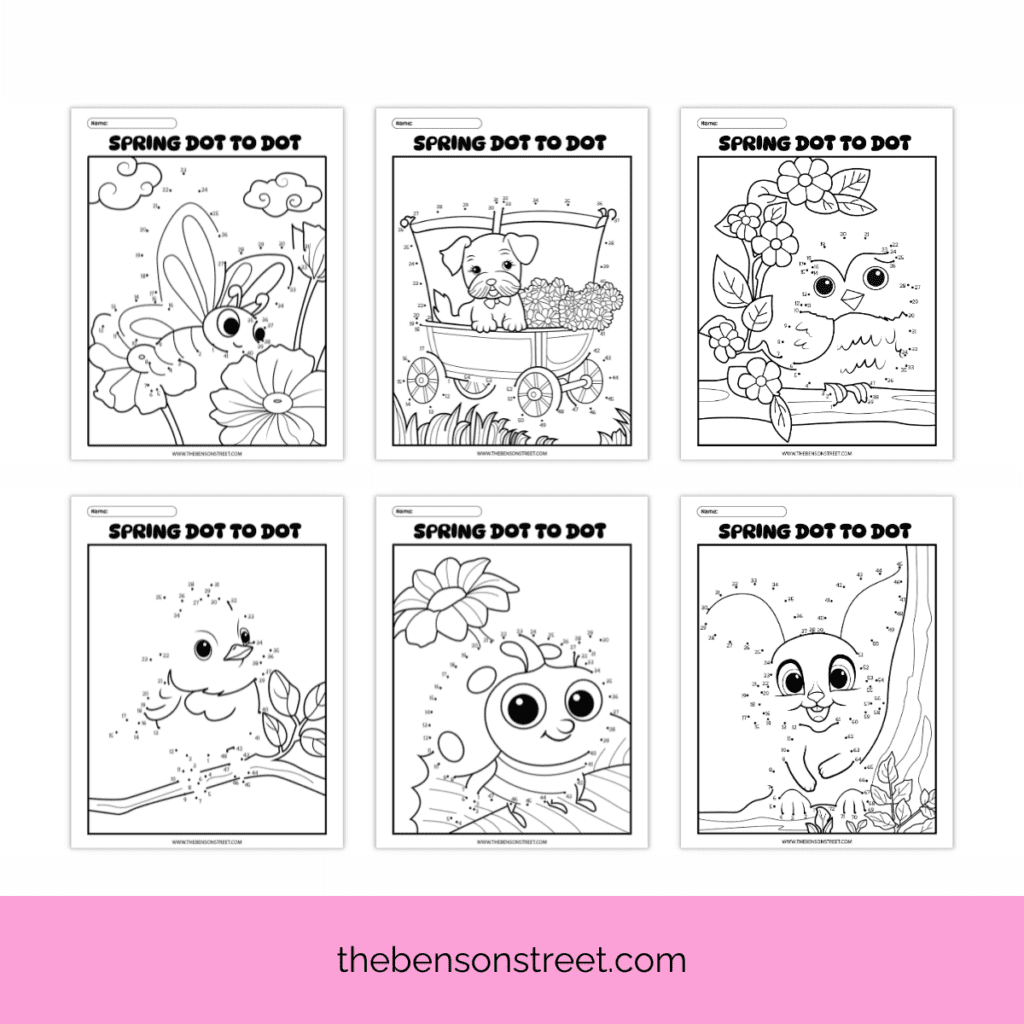 6 Different connect the dots pictures of a butterfly, puppy, bird, chick, ladybug and bunny.