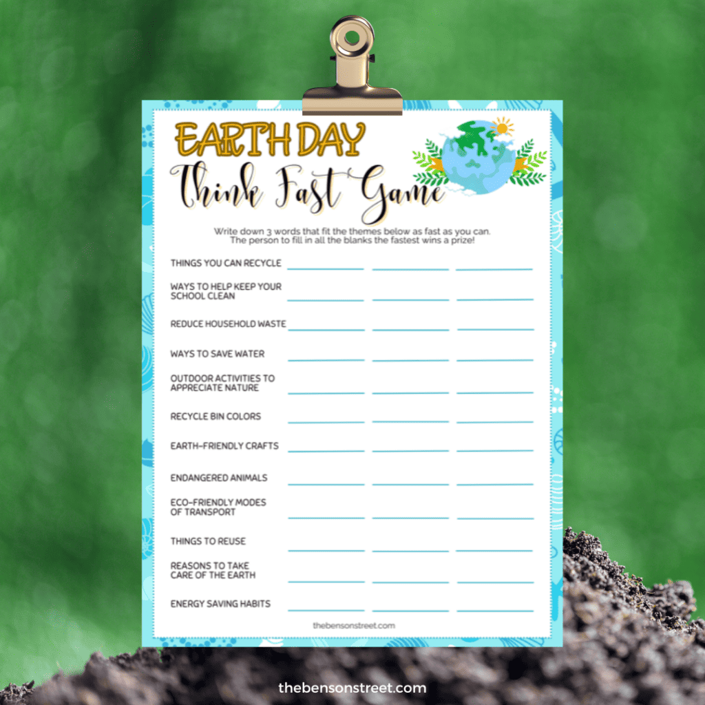 Interactive Earth Day activity printable encouraging quick thinking about environmental topics