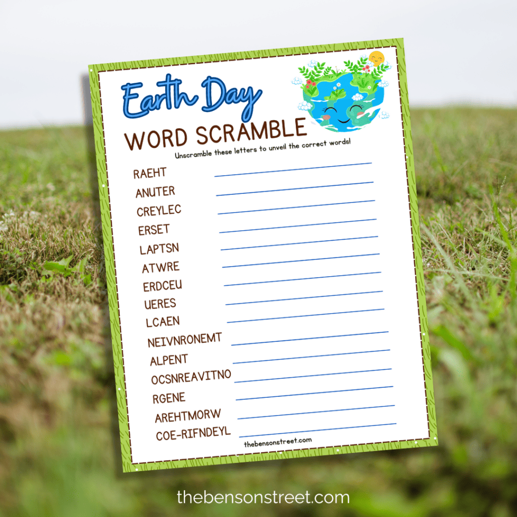 Illustration of planet Earth surrounded by greenery and wildlife, representing the theme of the word scramble.