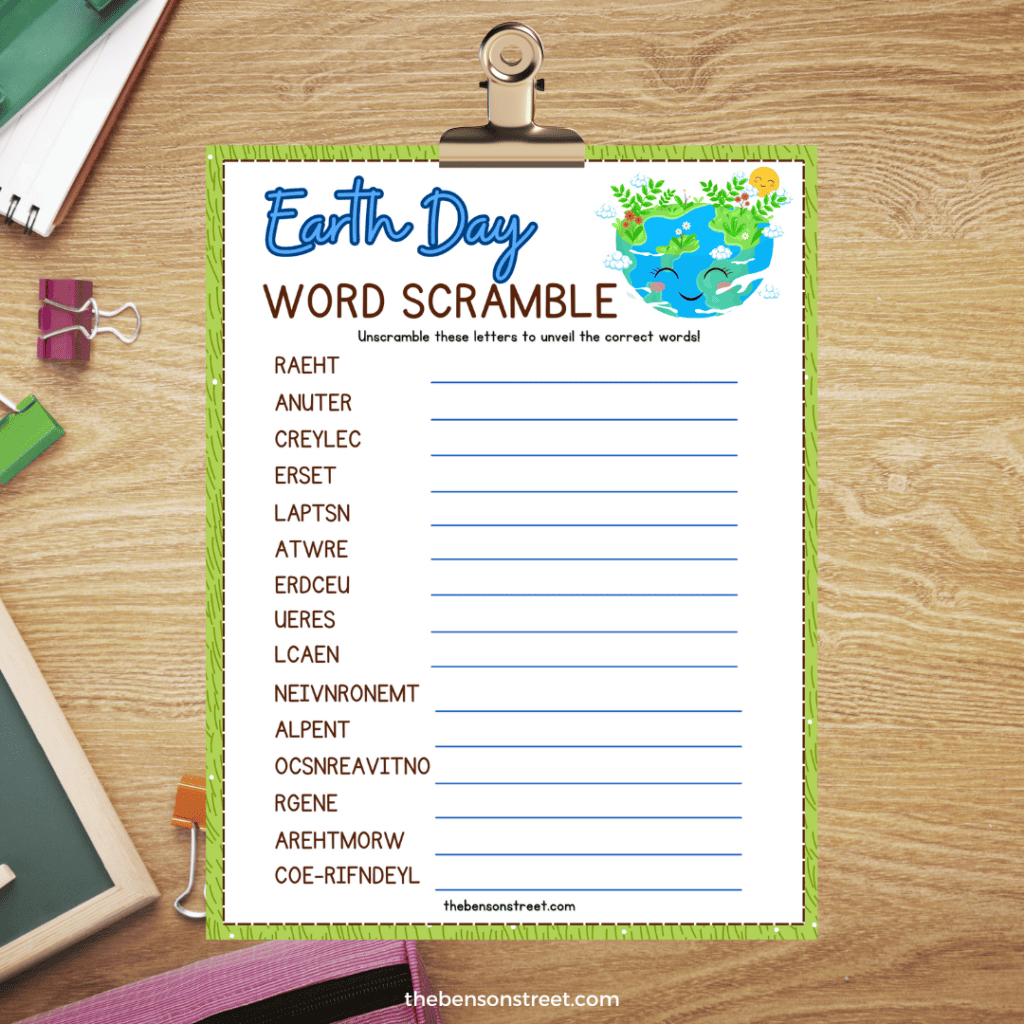 An Earth Day word scramble activity sheet laid out on a table, ready for participants to solve.