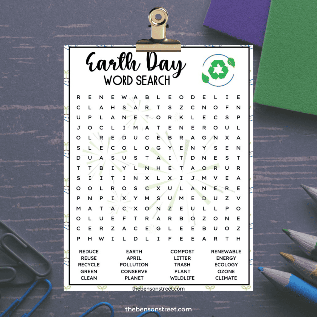 A captivating word search puzzle focused on Earth Day topics, ideal for educational and entertainment purposes.
