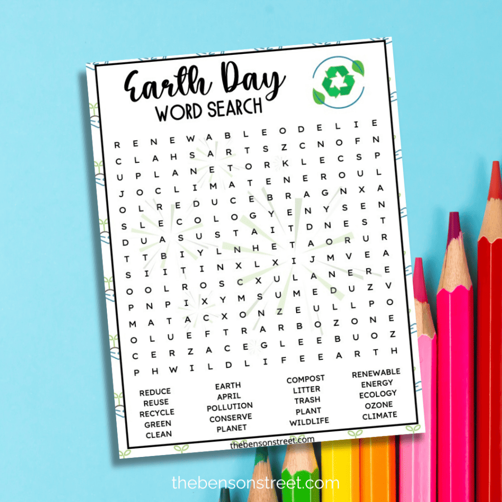 A word search puzzle highlighting Earth Day concepts and sustainability-themed words against a blue backdrop.