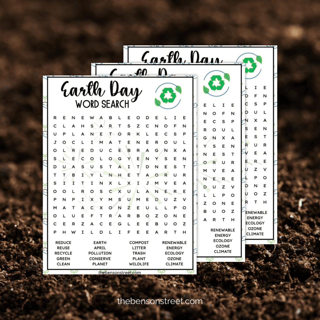 A word search puzzle adorned with nature-inspired imagery and Earth Day-related vocabulary.