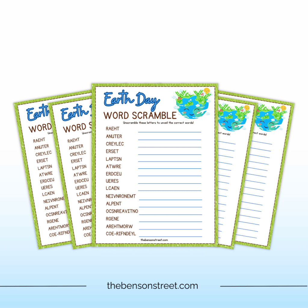A printable Earth Day word scramble worksheet with instructions and a space for writing answers.