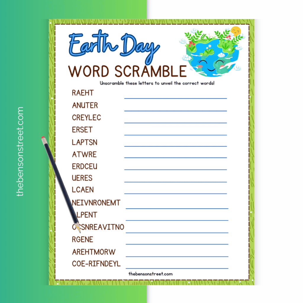 A pencil sitting on top of an earth day word scramble printable.