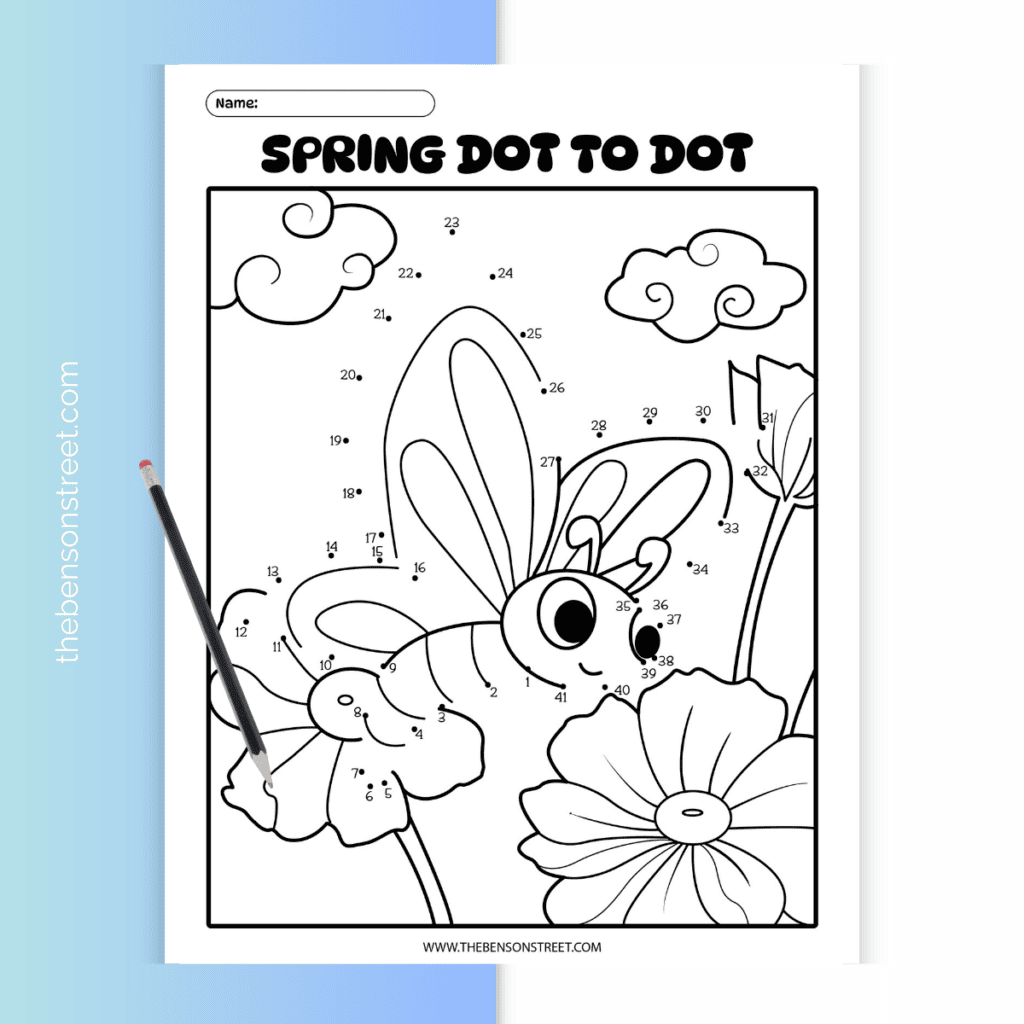 A cheerful spring dot-to-dot printable featuring a blooming flower in a sunny garden.