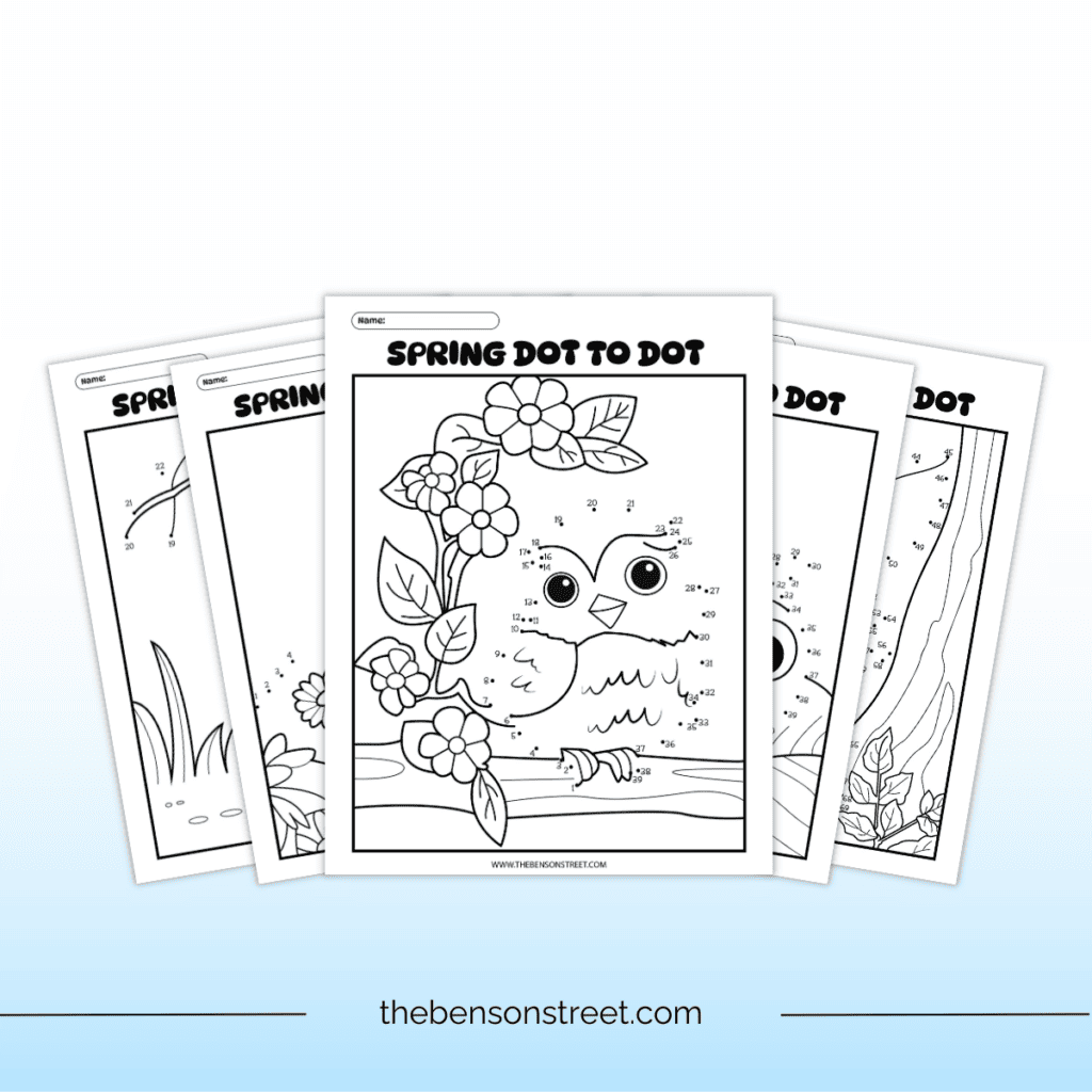 Adorable little spring bird on a branch with flowers to color and connect the dots.