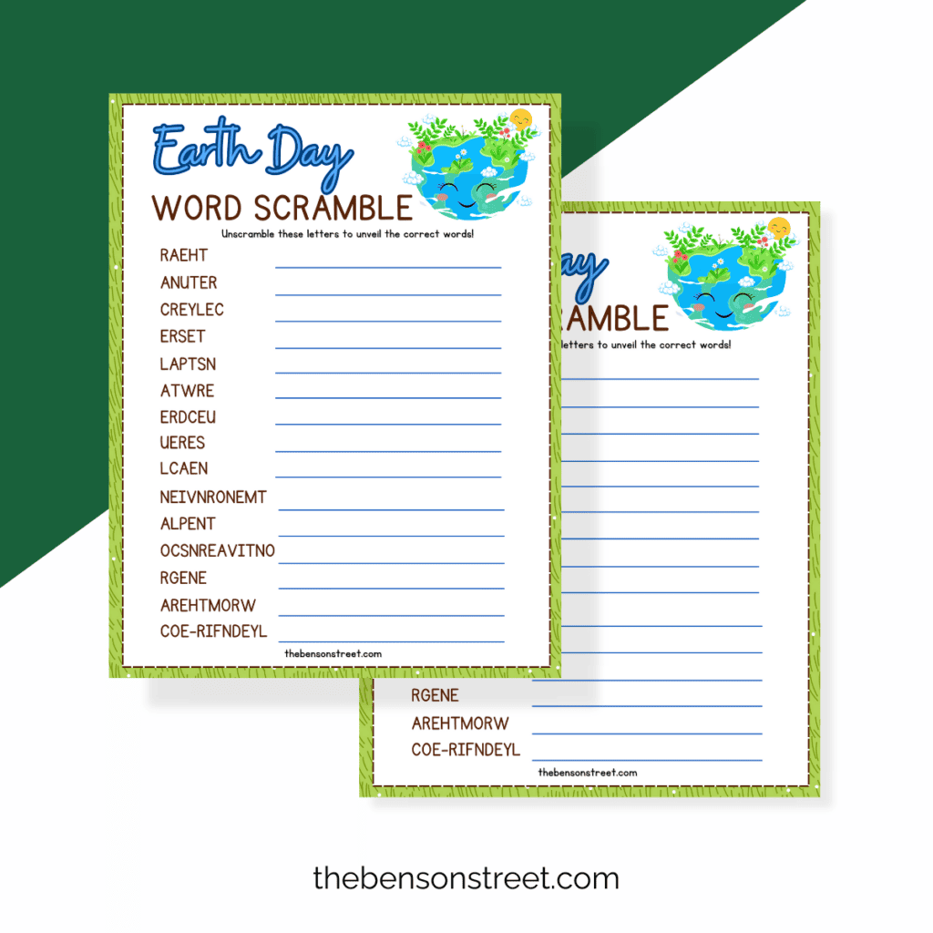 Children can work together to solve an Earth Day word scramble puzzle.